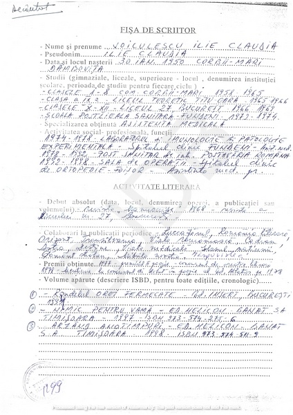 M-1299-1 - Fisa de scriitor VOICULESCU ILIE CLAUDIA